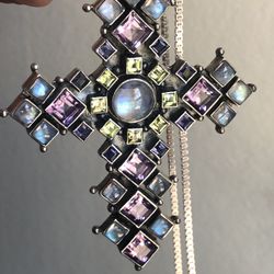 Beautiful Vintage Sterling Silver Cross With Amethyst, Citrine, Mother Of Pearl With Sterling Chain