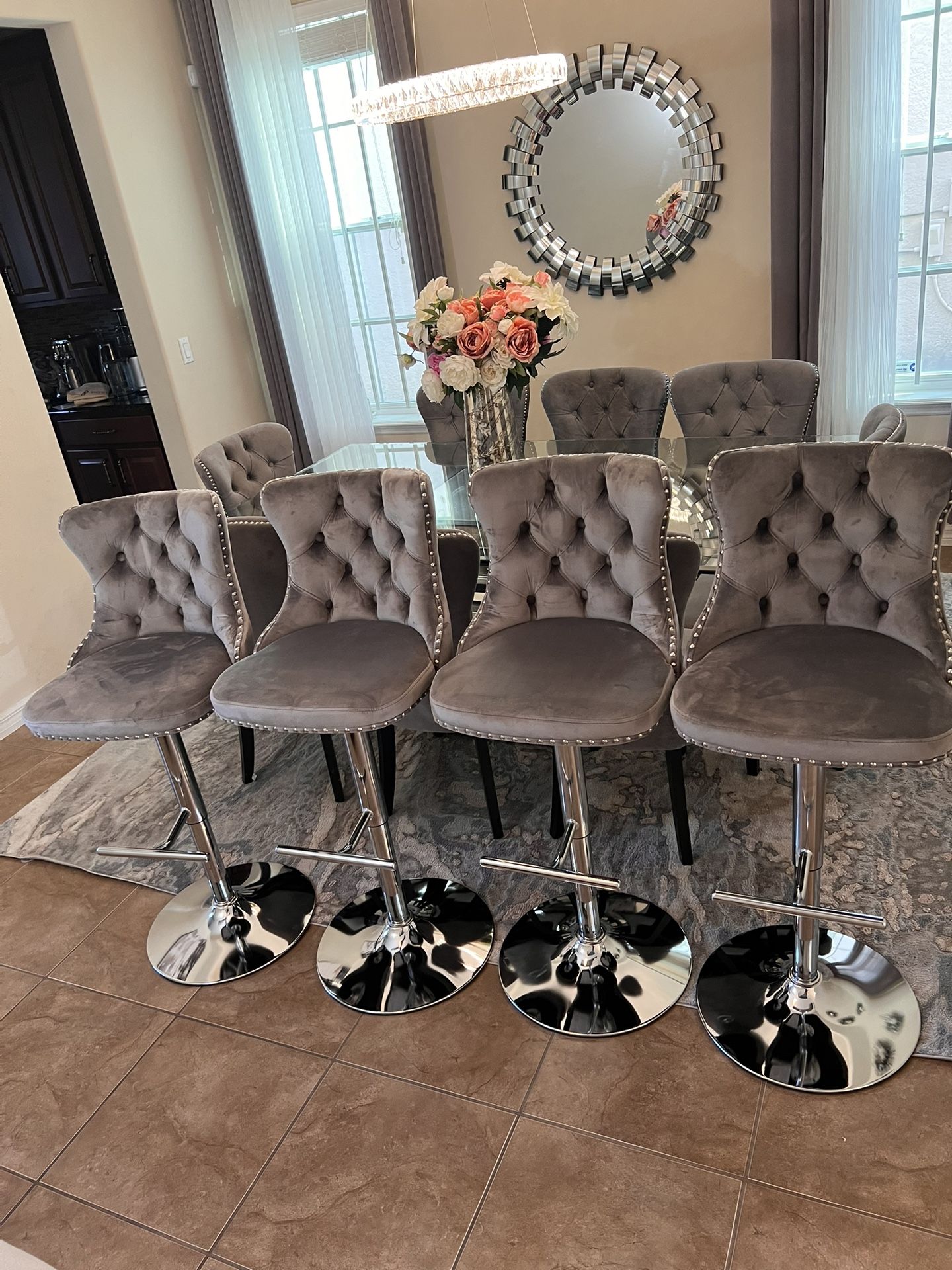 $89 Each Gray Velvet Tufted Swivel Barstools Bar Stool Chair adjustable 22”- 33”