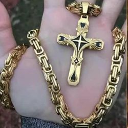 3-Pcs Uniquely Crafted Multi-layer 2-Tone Cross Pendant ✝️ W/24"Byzantine Necklace & Bracelet 