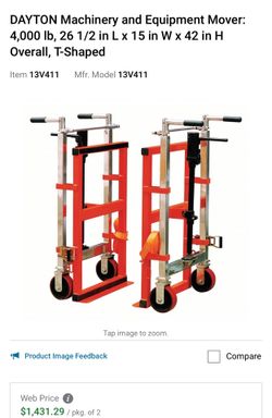 DAYTON Machinery and Equipment Mover: 4,000 lb, 26 1/2 in L x 15 in W x 42 in H Overall, T-Shaped