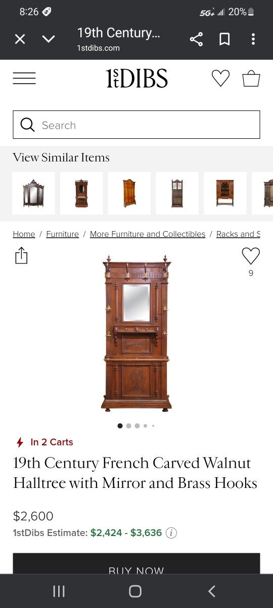 19th Century French Carved Walnut Haltree With Mirror And Brass Hooks