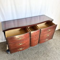 Antique Art Deco Wooden Dresser - 9 Drawers - 60"W × 19.75"D × 32"H
