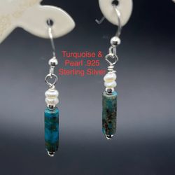 Turquoise Genuine Stone & Freshwater Pearl  .925 Sterling Silver Earrings