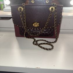 Coach Maroon and Dark Brown Shoulder Bag with Gold Chain