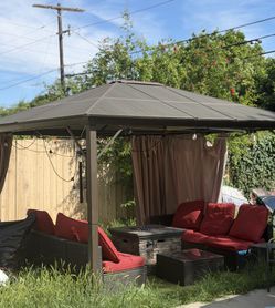 Hardtop Gazebo, Aluminum Frame with Galvanized Steel Double Roof, Outdoor Permanent Pavilion with Curtains and Netting for Patio, Backyard, Deck, Brow