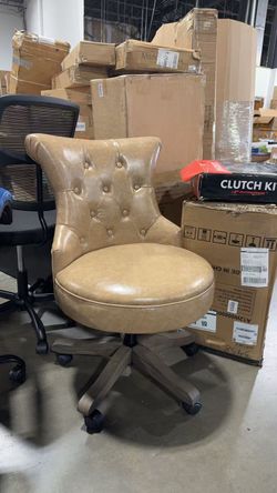 Home Office Chair Upholstered Faux Leather PU Armless Desk Chair with Wheels Adjustable Height Computer Desk Chair with Wooden Legs Comfortable Swivel