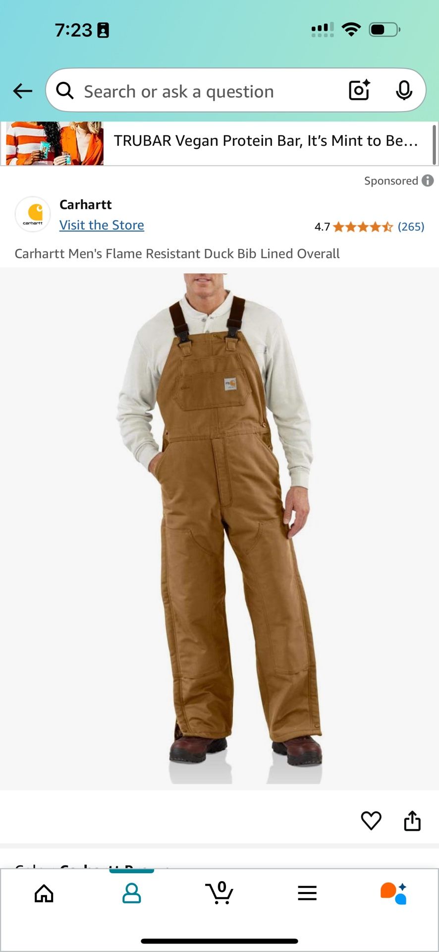 Carhartt Men's Flame Resistant Duck Bib Lined Overall, Brown, 36W X 32L