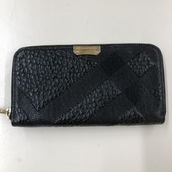 Burberry Embossed Check Leather Zipper Long Wallet 