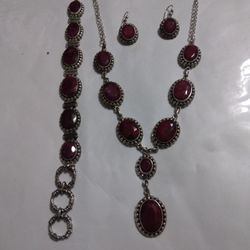 925 Silver Three Piece Set Necklace With Garnet Stone Bracelets With Garnet Stone Earring With Garnet Stone  Used