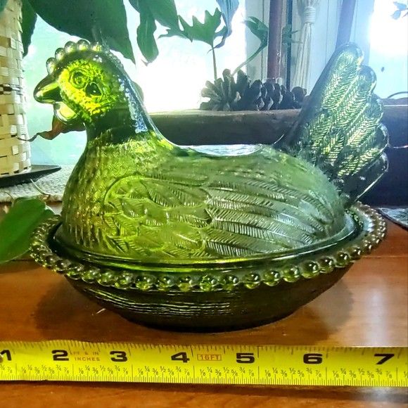 Vintage mid century green glass nesting hen