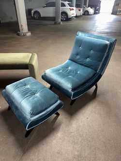 Cerulean Blue Swayback Chair + Ottoman