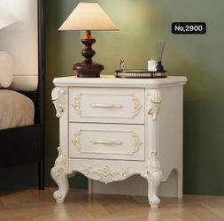 Vintage Nightstand Carved Bedside Table with 2 Drawers, French Country Night Stand Accent ,Beige & Gold