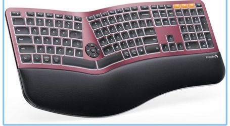 ProtoArc Backlit Bluetooth Ergonomic Keyboard, Full Size, Red Adjustable brightness, split design, cushioned wrist rest, connect 3 devices via Bluetoo