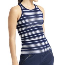 ATHLETA Navy Blue White Stripe Renew Stretch Racerback Athletic Workout Tank Top