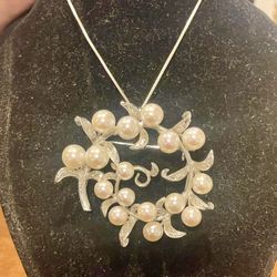 Vintage Akoya Sterling Silver Saltwater Pearls Brooch, Pendant
