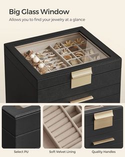 Jewelry Box Organizer, 6-Layer Jewelry Storage with 5 Drawers, Shiny Metal Hardware, Glass Lid, Modern, 8 x 9.1 x 9 Inches, Ink Black and Gold Color