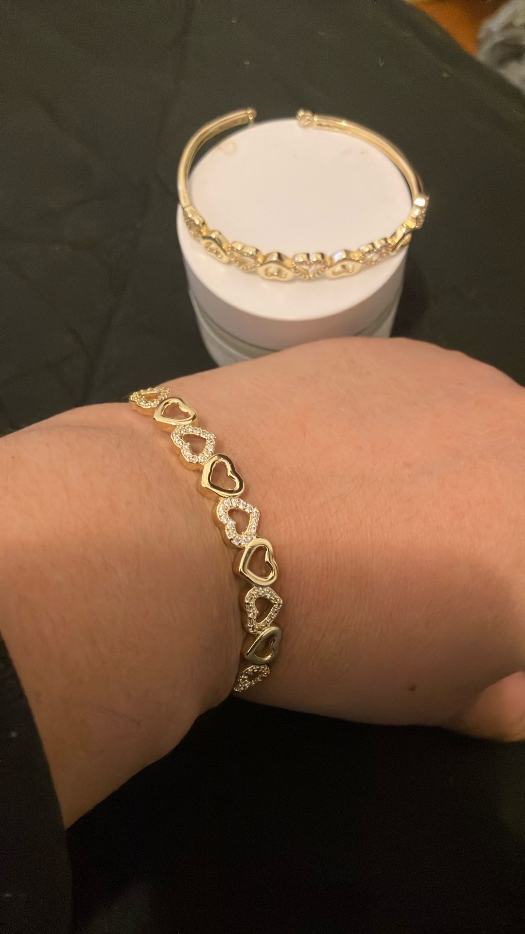 14K Gold Hearts Bangle Adjustable Bracelet with crystals from Swarovski in 14K Yellow Gold Plated