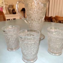 Antique Set Pressed Glass Wine Water Pitcher with 3 Matching Glasses 8oz  1960 Kendall Area