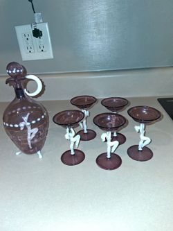 Vintage Art Glass Decanter Set with Figural Stems