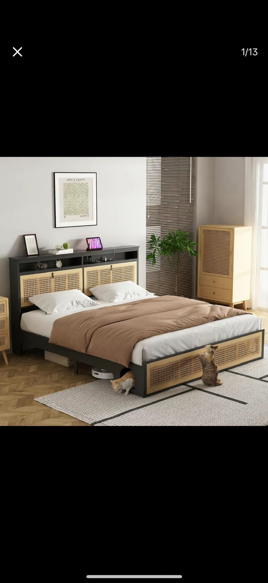 Giratree Boho Bed Frame King Size With Rattan LED Headboard