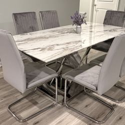 ✨ Gorgeous Marble-Style Dining Table With Plush Velvet Chairs ✨