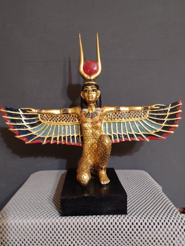 Ancient Egyptian Goddess of Motherhood Kneeling Isis With Open Wings Statue.