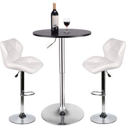 Bar Table and Chairs Set of 3 Height Adjustable Round Black Pub Desk and 2 Swivel White Counter Height Barstools for Dining Room Home Kitchen Bistro