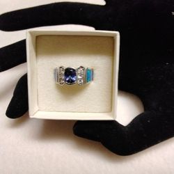 Blue Sapphire 925 Sterling Silver Ring With Australian Opal Inlay 