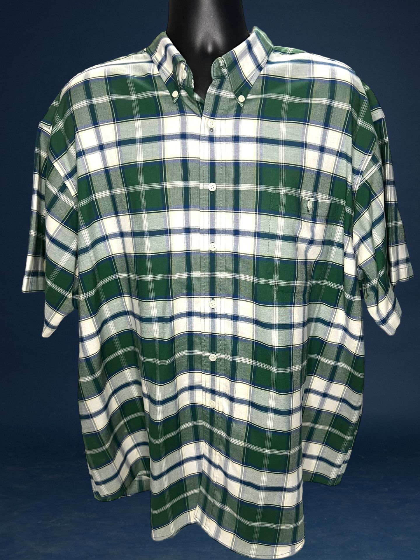 Towncraft Mens XXL Button-Down Shirt Green Blue Plaid Short Sleeve Wrinkle Free