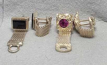 2 Pair Mesh Cuff Links. 1 Black Glass, 2nd Fusha Rhinestone