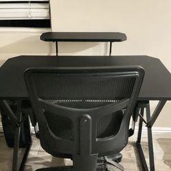 Black Computer Desk with Monitor Shelf + Ergonomic Office Chair