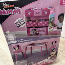 Brand new Minnie Mouse 4-Piece Wood Toddler Playroom Set – Includes Table, 2 Chairs & Toy Bin, Pink