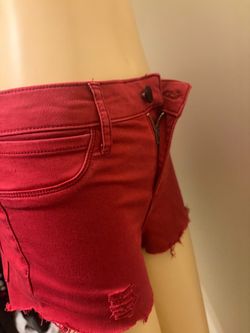 Red Distressed Denim Cut-Off Shorts