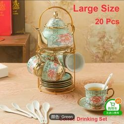 20-Piece Floral Ceramic Tea Set with Gold Rack - Green