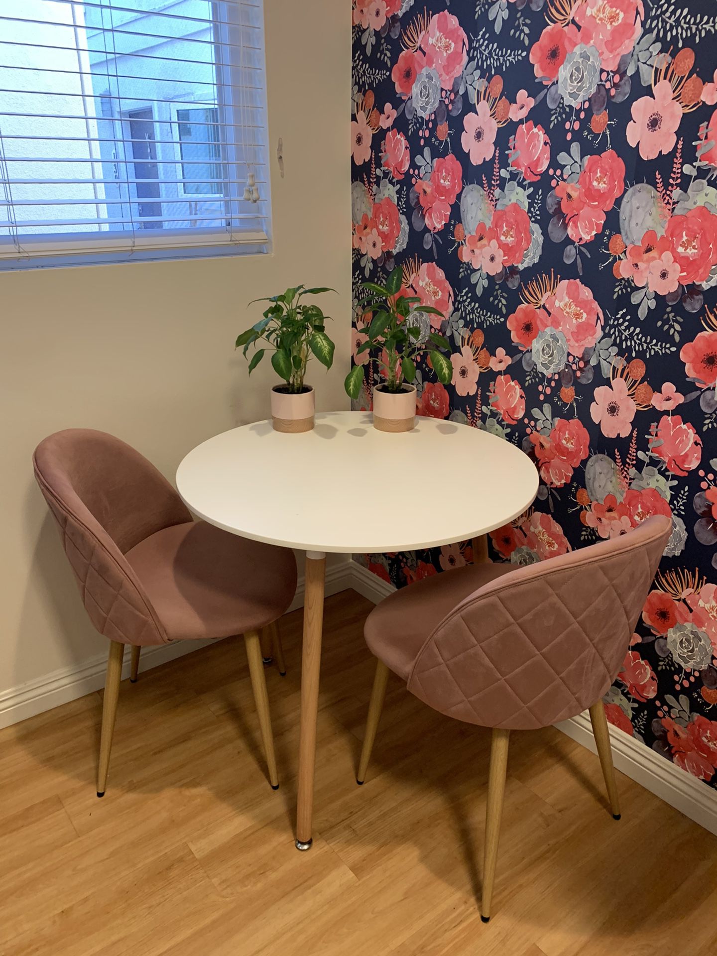 Dining Table Set(White Table And 2 Pink Chairs)