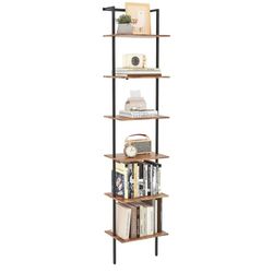 6-Tier Ladder Shelf, 77 Inches Wall Mounted Ladder Bookshelf with Metal Frame, Wood Tall Open Storage Rack and Display Shelves for Home Office Bedroom