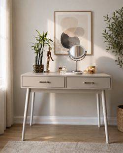 White Small Desk with Drawers - 40 Inch White Home Office Study Writing Desk for Bedroom, Vanity Desk with 4 Solid Legs, Modern Computer Desk for Smal