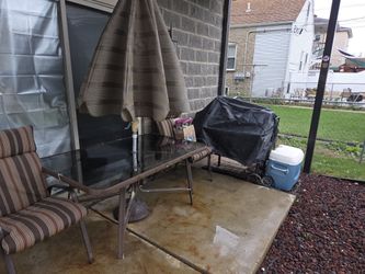 Patio Table Set, Cooler, Grill Umbrella   200 00