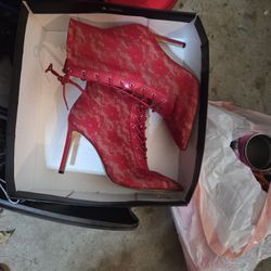 INC Red Lace-Up Stiletto Booties - Floral Mesh Heels Size 8 Medium 