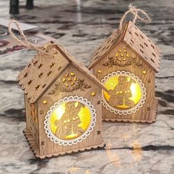 2pc wooden village santa house with light for hanging Decor Christmas Tree