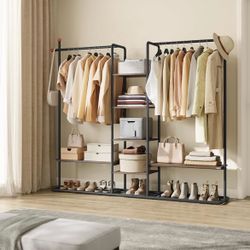 Clothes Rack with Shoe Shelf, Heavy-Duty Storage Rack, 6 Storage Shelves, 2 Hanging Rails Closet Wardrobe