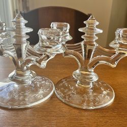 Pair of Vintage Art Deco Tiffin-Franciscan Double-Light Etched Candlesticks