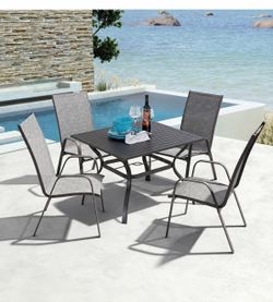 💥 Patio Dining Set – 5 Pieces 💥 ✨ Brand New in Box  📦 Includes: • 4 Stackable Patio Dining Chairs (Gray) • 1 Metal Patio Dining Table (Black)  ✔ Al
