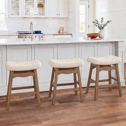 Set Of 3 24 Inch Counter Height Bar Stools Upholstered PU Leather Saddle Seat with Solid Rubber Wood Legs for Kitchen Island, Ivory White