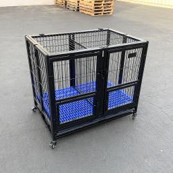 New in box $160 Heavy-Duty Dog Cage Crate 37x25x33” Double-Door Folding Kennel w/ Divider, Tray, Wheels 