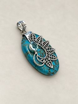 Large XL Turquoise & Blue Topaz Silver Leaf Filagree -Pendant
