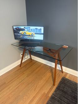 West Elm Jensen wood frame glass desk 56”