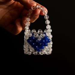 Handmade Crystal Beaded  Heart Design Mini Bag Keychain 