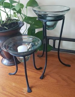 Green-tinted Glass Dishes & Black Metal Stands- Decor/ Candle Holders - Set Of 2