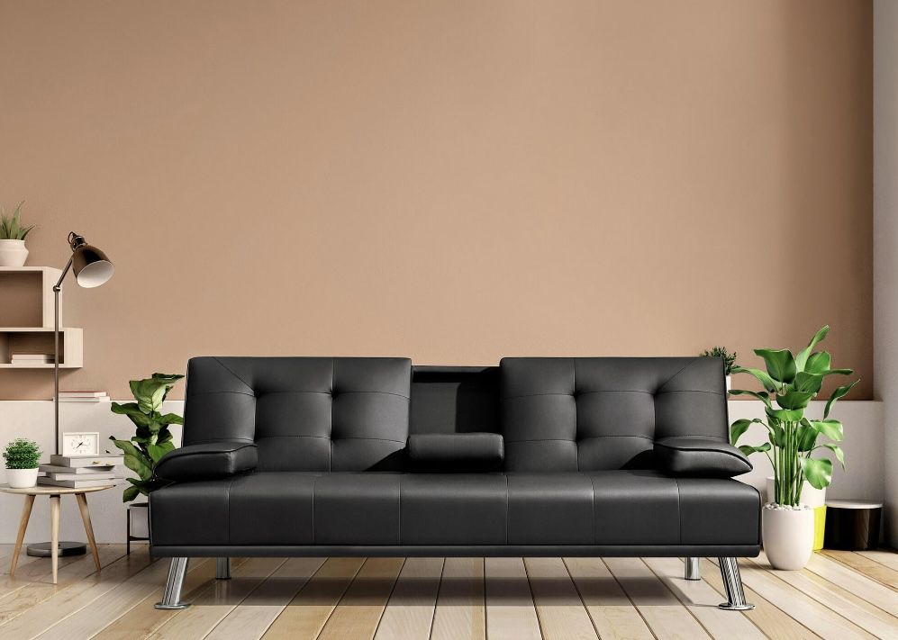Lacoo Modern Faux Leather Convertible Futon with Cupholders & Pillows, 65" Black